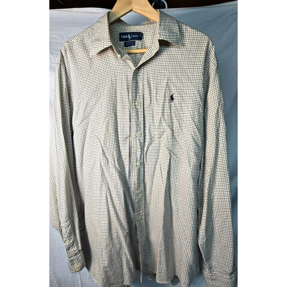Ralph Lauren Ellington Shirt Mens Large L Tan Brown Navy Plaid Grid Long Sleeve